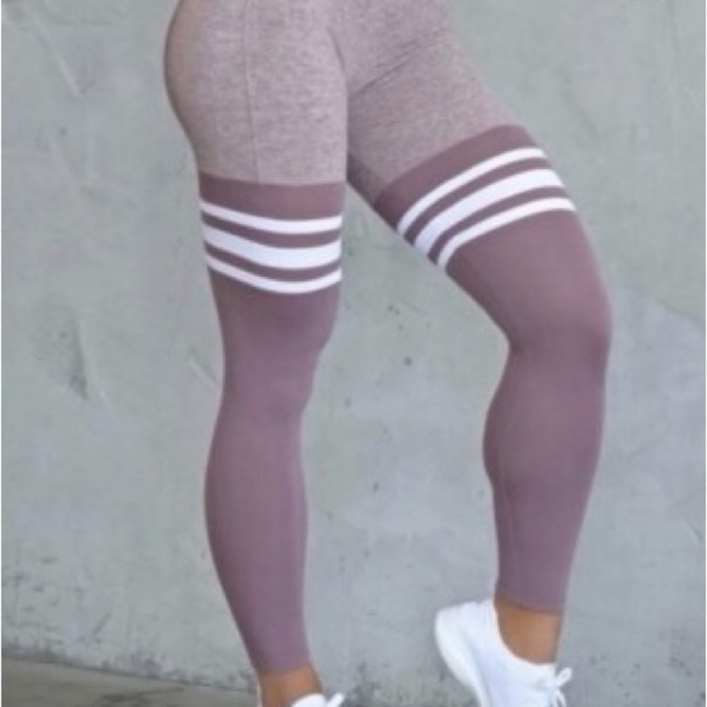 Bombshell Sportswear Striped Thigh-High Stretch Leggings in Mauve